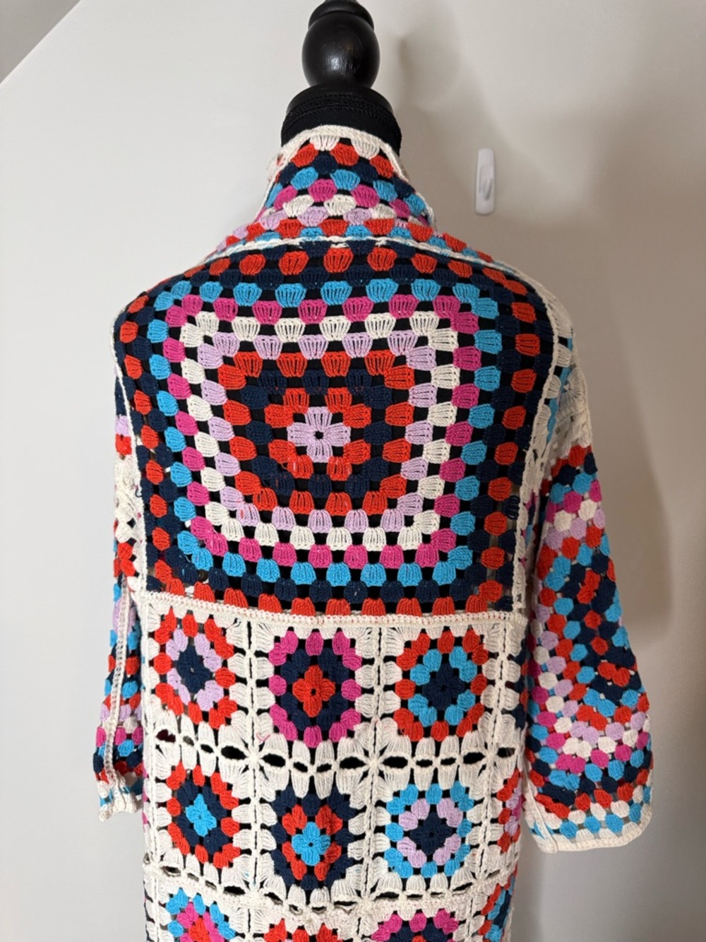 Crochet Granny Square Long Open Front Cardigan Duster Boho Cream Red Blue Medium - Picture 8 of 9
